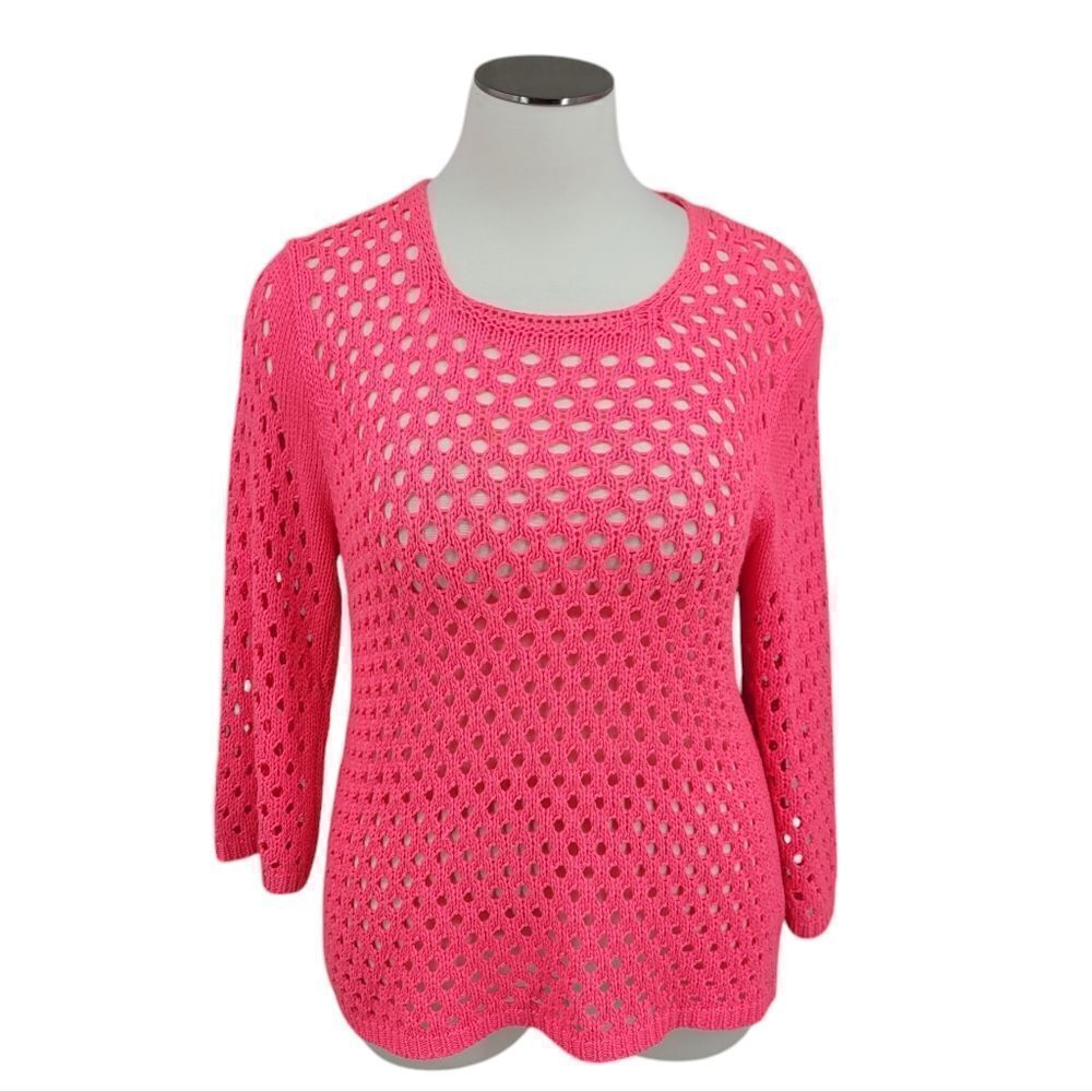 Lisa International Hot Pink Open Pointelle Knit Sweater Women's Plus Size 1X